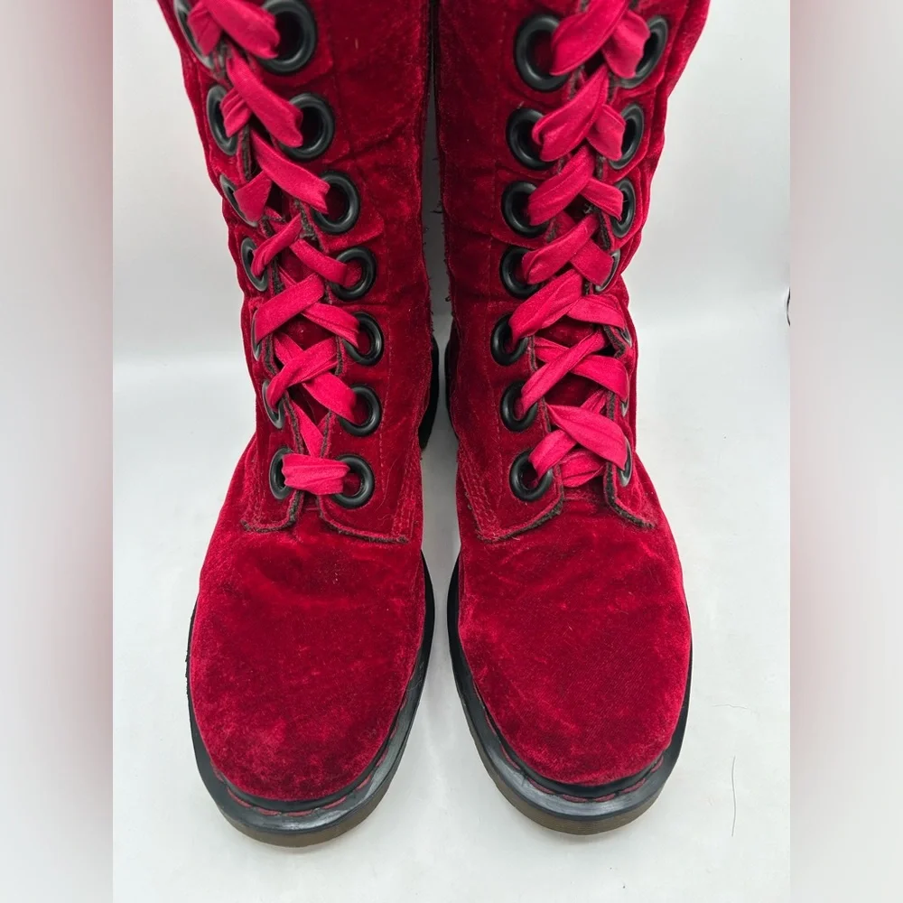 RARE Dr Martens red velvet  20 eye tall knee high zip Combat boots Men10 Women11 - Picture 7 of 16